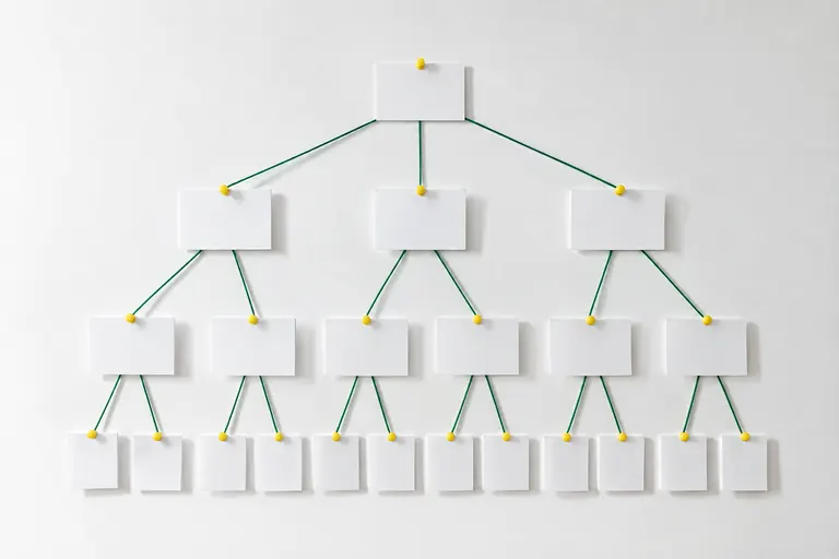 Arborescence de cartes blanches reliées par des fils verts sur un tableau mural clair