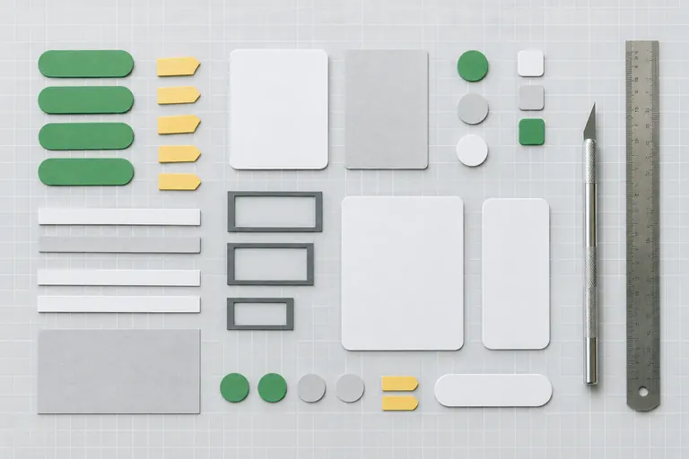 Composants d'interface découpés dans du papier et alignés sur un tapis de coupe gris